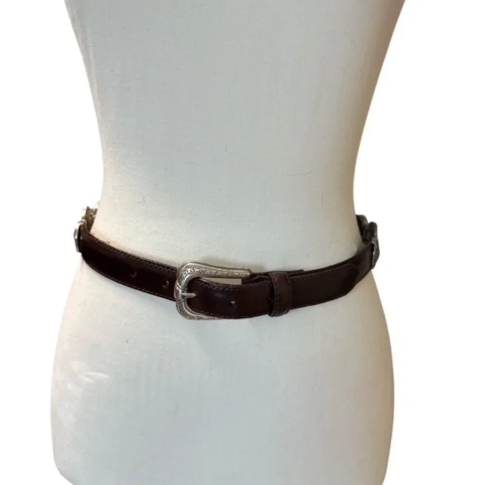 Fossil Skinny Belt Brown Leather‎ Womens S Ornate Silver Metal Buckle and Keeper
